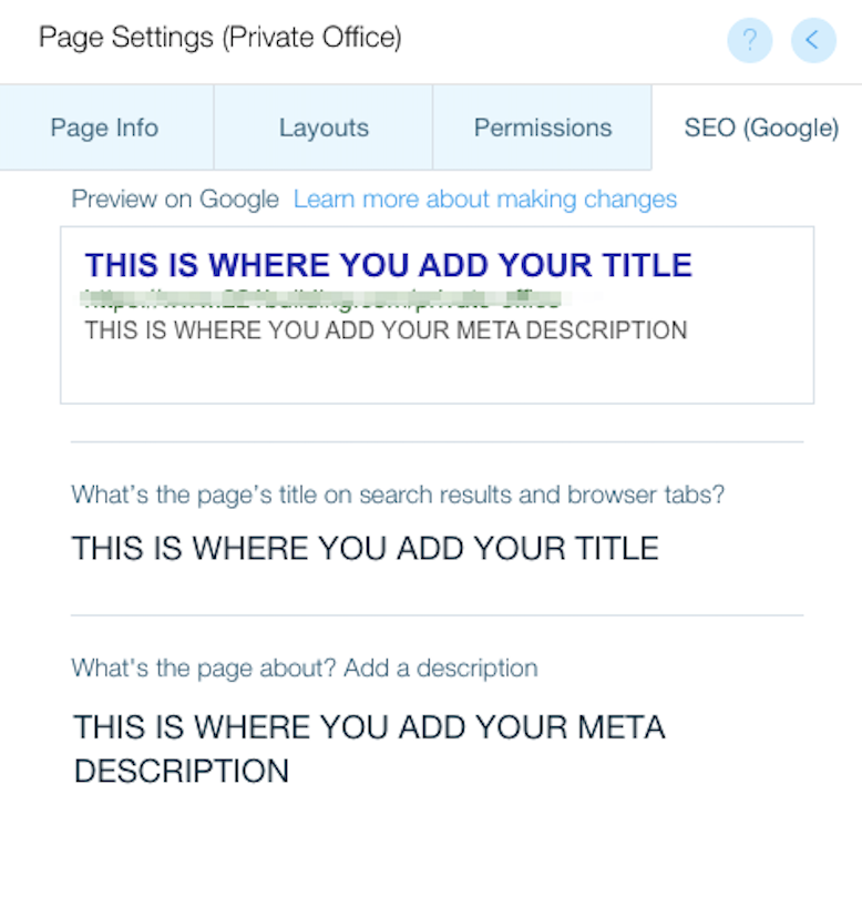 Where to add your title tag and meta description with WIX
